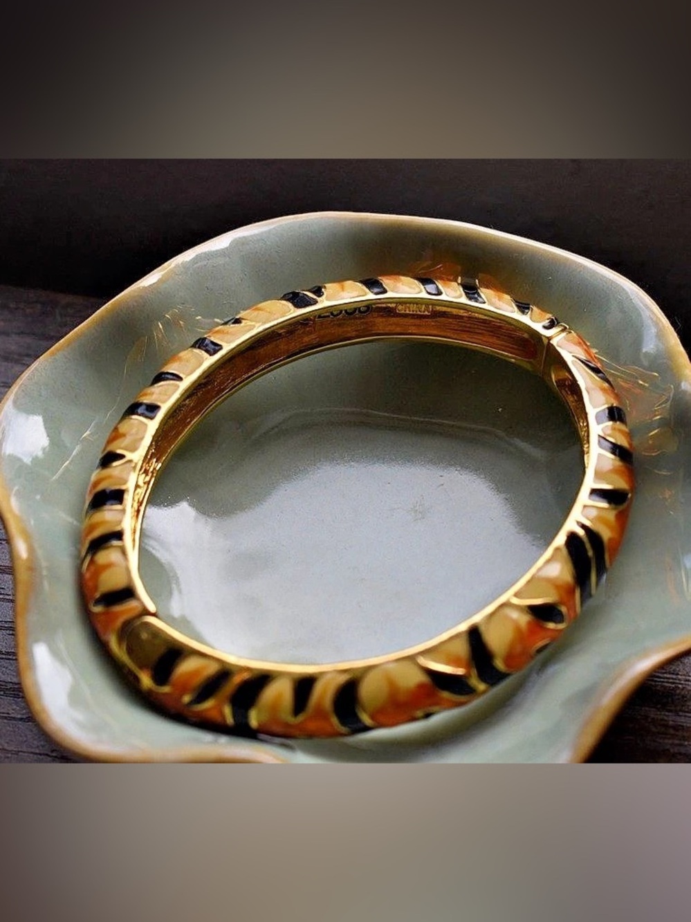 Vintage Kenneth Jay Lane 2006 Tiger Stripe Enamel Clamper Bracelet Signed KJL